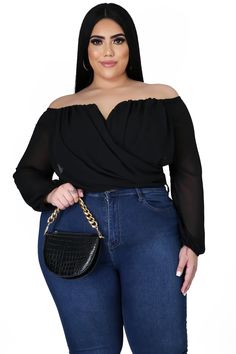 Stretch top Off-shoulder Long sheer sleeves Wired V-neck 100% polyester Hand wash cold Draping Top, Plus Size Off The Shoulder Top, Off The Shoulder Top Outfit, Plus Size Off The Shoulder, Dresses Nightclub, Bodysuit And Skirt, Chic And Curvy, Plus Size Fall Outfit, Dream Chaser