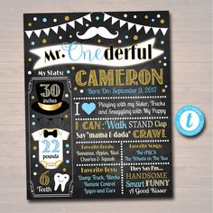 Mr. ONE-derful First Birthday Printable Chalkboard poster! Makes great kid's 1st birthday party decor and conversation piece  Excellent party theme for little man birthdays! Makes a great keepsake gift for parents of kid's who are turning one Background is faux chalkboard. Super cute sign that prints beautifully! VIEW THE MATCHING MR. ONE-DERFUL BIRTHDAY INVITATION HERE: https://www.etsy.com/listing/579569794/editable-mr-onederful-birthday?ref=shop_home_active_1 FULL EDITING OPTIONS WITH TEMPLET Moustache Party, First Birthday Board, 1st Birthday Party Decor, Man Mustache