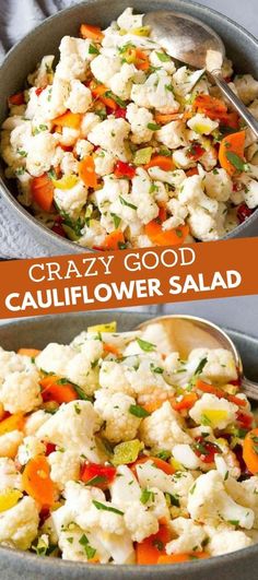 Cauliflower salad with chopped pepperoncini and roasted peppers in a dark gray bowl. Cauliflower Pepper Salad, Tricolor Cauliflower Recipes, Keto Salad Vegetarian, Raw Side Dishes, Cauliflower Taco Salad, Cauliflower Recipes Salads, Cold Cauliflower Recipes, Raw Veggie Sides, Coliflower Salad Recipes Raw