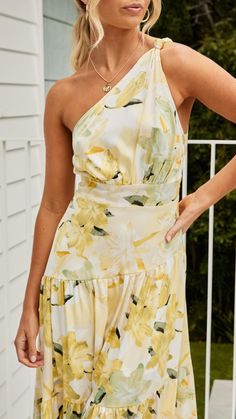 Maxi dress One shoulder  Knot detail in shoulder strap Gathered feature on bust and waist Yellow Floral Maxi Dress, Natural Models, Maxi Dresses Casual, Daily Dress, Printed Midi Dress, Floral Maxi, Yellow Floral, Yellow Dress, Dress First