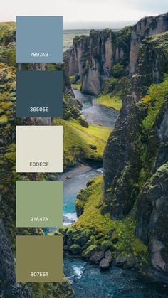 the color palette is green, blue, and grey with some black rocks in the background