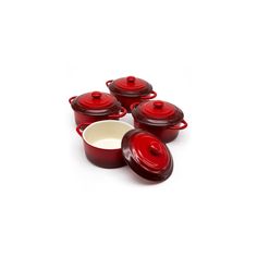 four red pots and one white bowl