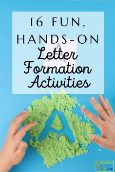 A child using fingers to make the capital letter A in green sand on a blue table. The letter A is on a white paper square at the top. White text overlay with black text at the top says "16 Fun, Hands-On Letter Formation Activities." Letter Formation Activities, Sand Writing, Early Childhood Literacy, Handwriting Activities, Sensory Activities Toddlers, Write Letters, Gross Motor Activities, Pediatric Therapy, Movement Activities