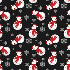 snowmen with hats and scarfs are in the snow seamless pattern on a black background