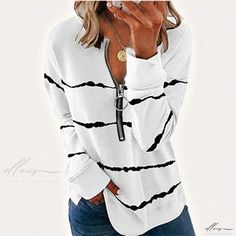 Elluis - Modern Striped Zipper Neck Long Sleeve Relaxed-Fit Shirt Crew Neck Tops With Zipper For Spring, Spring Crew Neck Tops With Zipper Closure, Sleeve Stencil, Zipper Neck, Plaid Blouse, Sleeve Detail, Types Of Collars, Medium Length, Workout Shirts