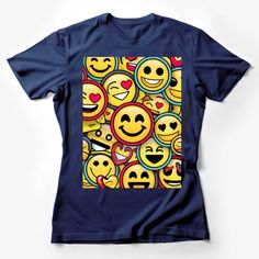 Colorful Emoji Print T-Shirt, Smiley Faces Graphic Tee, Fun Emoticons Unisex Shirt for All Ages Female T-Shirt Custom graphic T-Shirt.Customize your color Smiley Face Tee, Pop Art Fashion, Mens Tops Fashion, Hipster Cat, Halloween Graphic Tees, Funny Emoji, Smiley Faces, Cat Graphic, Cool Graphic Tees