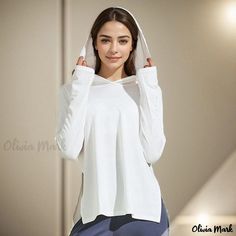 Olivia Mark - Breathable and Quick-Drying Long Sleeve Hooded Fitness Top for Running and Yoga White Hooded Activewear For Outdoor, White Hooded Outdoor Activewear, White Functional Hoodie For Light Sports, White Moisture-wicking Hooded Activewear, White Athleisure Hoodie For Workout, White Athleisure Activewear With Drawstring Hood, White Moisture-wicking Hoodie For Sports, White Drawstring Hooded Activewear For Workout, White Drawstring Hood Activewear For Workout