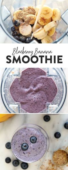 blueberry banana smoothie in a blender with bananas and other fruit on the side