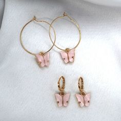 Pink Butterfly Earring Set. Trendy Hoop Plug Earrings For Gift, Trendy Hoop Plug Earrings As A Gift, Pink Metal Clip-on Earrings As A Gift, Pink Metal Clip-on Earrings For Gift, Cute Round Metal Earrings, Pink Metal Hoop Earrings, Cute Nickel-free Hoop Jewelry, Pink Nickel-free Dainty Hoop Earrings, Pink Dainty Nickel-free Hoop Earrings