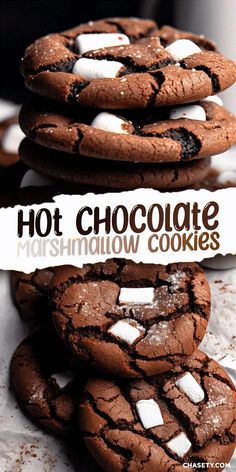 chocolate marshmallow cookies stacked on top of each other with the words hot chocolate