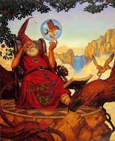 a painting of an old man sitting on top of a mountain holding a crystal ball