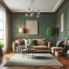 a living room with green walls and wooden floors