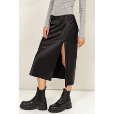 A staple and timeless piece- The Carson Satin Midi skirt has entered the chat. Features a side slit and high waist for a sleek and elegant look. Pair it with a fitted top or blouse and heels for a polished ensemble, or pair it with an oversized graphic tee and sneakers for a casual cool girl look. 95% POLYESTER 5% SPANDEX MODEL IS 5' 7" TALL, 32" CHEST, 25" WAIST AND 35" HIPS AND WEARING A SIZE SMALL Maxi Romper, Oversized Graphic Tee, Crop Top Sweatshirt, Satin Midi Skirt, Fitted Top, Blazer Vest, Girl Coat, Knit Tees, New Tops