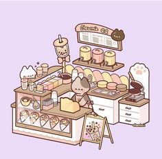 an illustration of a pastry shop with various items