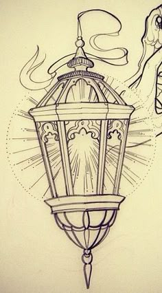 a drawing of a bird sitting on top of a lamp