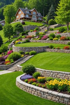 an outdoor garden with stone steps and flowers in the foreground, surrounded by lush green grass