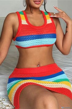 OrcaJump - Stylish Two-piece Set: Chic Patchwork Basic U Neck Sleeveless Ensemble Colorful Knit, Rainbow Skirt, Look Casual Chic, 2 Piece Skirt Set, Summer Streetwear, Crochet Tank, Chic Casual, Summer Fabrics, U Neck