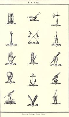 an old book with many different types of objects in it's pages, including hands and