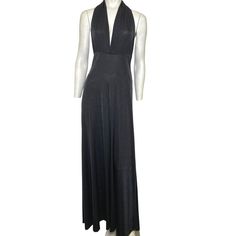 Features: By: Cefian Style: V-Neck Tie Back Maxi Dress Color: Black Tie Back Can Be Tied In Variety Of Ways D6616 Year Round Solid Color Size: Womens L Condition: New With Tags Black Stretch V-neck Evening Dress, Solid Full-length Maxi Dress For Party, Stretch Floor-length Maxi Dress For Dinner, Chic Black Full-length Evening Dress, Chic Black Full Length Evening Dress, Black Long Maxi Dress For Formal Occasions, Solid Halter Neck Maxi Dress For Evening, Black Halter Neck Maxi Dress For Formal Occasions, Black Halter Neck Maxi Dress For Formal Events