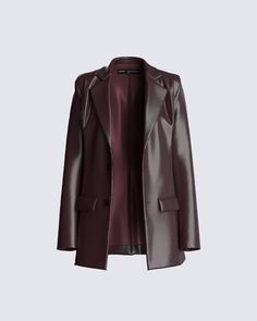 Thea Brown Vegan Leather Blazer Dark Brown Fashion Aesthetic, Mid Length Leather Jacket, Leather Fall Outfit, Rockstar Girlfriend Style Aesthetic, Burgundy Leather Blazer, Coat Over Blazer, Dark Brown Clothes, Dark Romance Outfit, Brown Leather Blazer Outfit