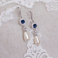 Blue Sapphire Earrings, Bridal Earrings, Bridal Pearl and Blue Sapphire Earrings, Something Blue Ear Blue Teardrop Pearl Drop Earrings, Elegant Blue Chandelier Earrings For Wedding, Blue Pearl Drop Earrings For Anniversary, Anniversary Blue Pearl Drop Earrings, Blue Teardrop Chandelier Earrings For Wedding, Blue Pearl Drop Wedding Jewelry, Blue Pearl Drop Jewelry For Wedding, Blue Round Pearl Earrings For Wedding, Blue Pearl Drop Bridal Earrings As Gift