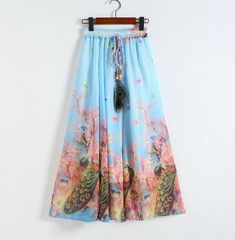 New Peacock Pattern Chiffon Long Skirt Blue Chiffon Beach Skirt, Blue Chiffon Skirt For The Beach, Floral Print Chiffon Skirted Bottoms, Bohemian Chiffon Skirt For Beach, Bohemian Flowy Chiffon Skirt, Bohemian Chiffon Long Skirt, Bohemian Chiffon Skirt For The Beach, Bohemian Long Chiffon Skirt, Summer Chiffon Maxi Skirt With Floral Print