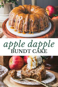 a bundt cake with caramel drizzle on top and apples in the background