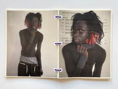 an open book with two photos of a woman in black and red on the pages