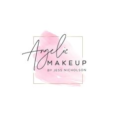 the logo for angelic makeup by jess nicholson, with pink paint on it