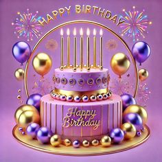 a birthday cake with candles and balloons in the middle is surrounded by purple and gold decorations