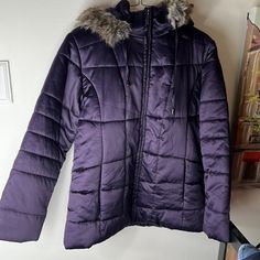 This Is A Brand New Puffy Jacket For M Size Women. Purchased At Macy’s Nwt Purple Long Sleeve Outerwear For Cold Weather, Long Sleeve Purple Outerwear For Cold Weather, Purple Winter Outerwear, Hooded Purple Puffer Jacket For Winter, Purple Puffer Jacket For Fall And Cold Weather, Purple Hooded Puffer Jacket For Winter, Hooded Purple Outerwear For Fall, Purple Hooded Outerwear For Fall, Fitted Purple Winter Outerwear