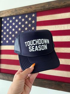 Touchdown Season Trucker Hat - Etsy Trucker Hat With Curved Visor For Baseball Season, Baseball Season Trucker Hat With Visor, Winter Trucker Hat With Curved Brim, Trucker Hats For Baseball Season Fan Gear, Adjustable Snapback Trucker Hat For Sports Season, Baseball Season Trucker Hat Fan Gear, Navy Curved Bill Trucker Hat For Baseball Season, Baseball Season Trucker Hat With Letter Print, Baseball Season Trucker Snapback Hat For Fans