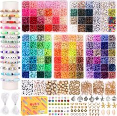 many different colors and sizes of beads are shown in this collage with each bead