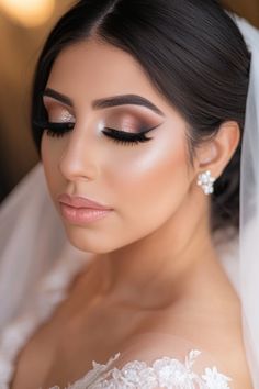 Bride with flawless makeup and closed eyes, wearing a veil and a white gown with lace details. Natural Glow Bridal Makeup, Bridal Lipstick, Glam Bridal Makeup, Subtle Smokey Eye, Romantic Wedding Makeup, Wedding Makeup Ideas, Gorgeous Wedding Makeup