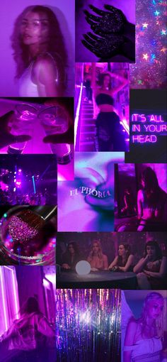 the collage shows various images of women in purple lighting