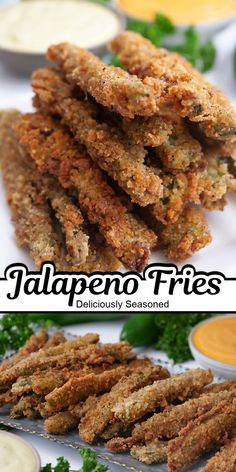 A double photo collage of crispy jalapeno fries. Jalapeno Fries, Fast Appetizers, Deep Fried Recipes, Recipe Crockpot, Jalapeno Recipes, Jambalaya Recipe, Best Appetizer Recipes, Appetizers Easy Finger Food, Spicy Snacks