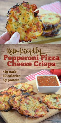 the cover of keto - friendly pepperoni pizza cheese crispes with dipping sauce