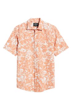 Crisp cotton keeps you comfortable when the temps soar in this cheerful floral-print cotton sport shirt crafted with a curved hem. 32" length; 44" chest (size Medium) Front button closure Spread collar Short sleeves Chest patch pocket Curved hem 100% cotton Machine wash, line dry Imported Patterned Short Sleeve Shirt With Camp Collar For Spring, Spring Patterned Short Sleeve Shirt With Camp Collar, Printed Collared Cotton Short Sleeve Shirt, Spring Camp Shirt With Printed Relaxed Fit, Casual Patterned Camp Shirt For Spring, Printed Relaxed Fit Camp Shirt For Spring, Patterned Short Sleeve Shirt With Relaxed Fit For Spring, Spring Camp Shirt With Floral Print And Spread Collar, White Cotton Short Sleeve Shirt With All Over Print