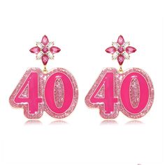 pink earrings with the number forty and flowers on it, in front of a white background