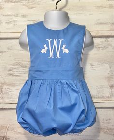 We are in love with this new periwinkle blue romper for boys. Great for any occasion. Buy it blank and add your own design or with our new Bunny/monogram design in white to match the white piping trim. Button back , elastic legs and snap crotch for easy changing. available in five fabric colors.  *please leave a message of the fabric color desired.  Machine washable and dryer safe. For best results wash inside out and hang to dry.  No exchanges or returns on custom orders. But please message me Hand Smocking Tutorial, Bunny Monogram, Easter Romper, Hand Smocking, Smocking Tutorial, Future Children, Boys Easter, Blue Romper, Easter Outfit