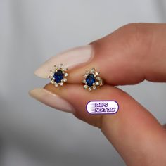 Yellow gold, white diamond and blue sapphire Material: Solid Gold (not gold plated or gold filled) Available Gold Color: Yellow gold, rose gold and white gold Karat: 14 K (585) Diamond weight: 0.05 ct Blue Sapphire: 0.05 ct 1 piece of earrings for gold grams: 0.60 gr Diamond color: F-G Color Made to order Attention Next day shipping is for a yellow gold earring. I design my products with modernity and elegance suitable for daily use and special occasions. ★ ★ ★ I ship my products in a gift box. Sapphire Earrings With 17 Jewels For Gift, Sapphire Earrings With Multiple Jewels, Dainty Sapphire Earrings For Anniversary, Gold Sapphire Earrings For Anniversary, Small Earrings Gold, Diamond Necklace Simple, Sapphire Stud Earrings, Blue Sapphire Studs, Diamond Earrings Design