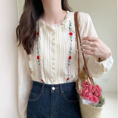 Top Rated Lady Lace Embroidery Shirt Lolita Tops Blouse Ruffles Frill Ruched Retro Floral , Womens Tops Cottagecore Tops, Cottagecore Clothes, Embroidery Shirt, Rose Fashion, Pretty Blouses, Tops Blouse, Shirt Embroidery, Casual Stylish, Top Trending