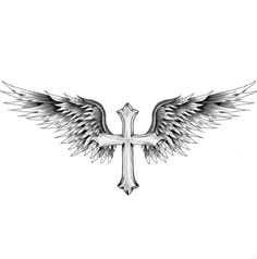 a cross with wings is shown in black and white