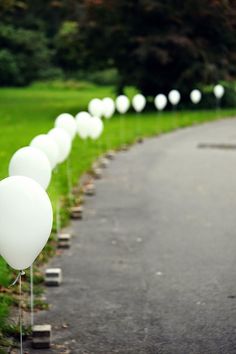 white balloons are lined up along the side of a road in front of some trees