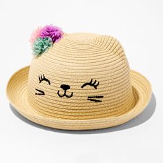 This paper straw, bowler-style hat, embellished with faux flowers, features a gorgeous cat face. Breathable & airy, this straw hat is perfect for summer-time activities. Hat by Claire's Club One size Material: Paper Suitable for ages 3-6 - Claire's Club Straw Bowler Hat Fun Summer Straw Hat With Short Brim, Fun Short Brim Straw Hat For Summer, Playful Brimmed Straw Hat For Summer, Playful Sun Hat With Uv Protection For Spring, Playful Adjustable Straw Hat For Spring, Playful Adjustable Straw Hat For Summer, Fun Brimmed Sun Hat For Spring, Fun Spring Hats With Uv Protection, Cute Summer Hats With Uv Protection