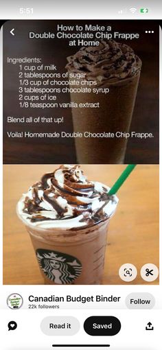 the starbucks app is showing how to make a chocolate drink