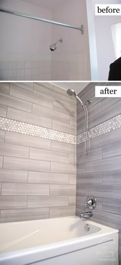 before and after photos of a bathroom remodel with white subway tile on the walls