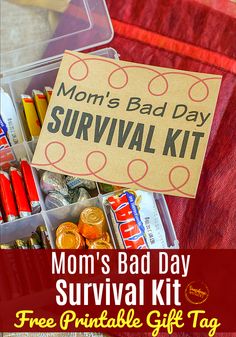 Mom’s Bad Day Survival Kit (FREE Printable Gift Tag) Grandma Survival Kit Gift Ideas, College Mom Survival Kit, Funny Survival Kit Ideas Hilarious, Funny Survival Kit Ideas, Moms Survival Kit, Mom Survival Kit Gift, Kids Survival Kit, Break In Case Of Emergency, Emergency Kit Gift