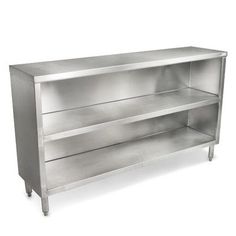 a stainless steel shelf with two shelves on each side