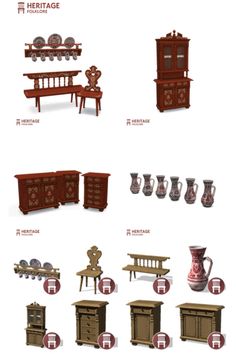 various types of furniture and vases are shown in this graphic style, including an old fashioned